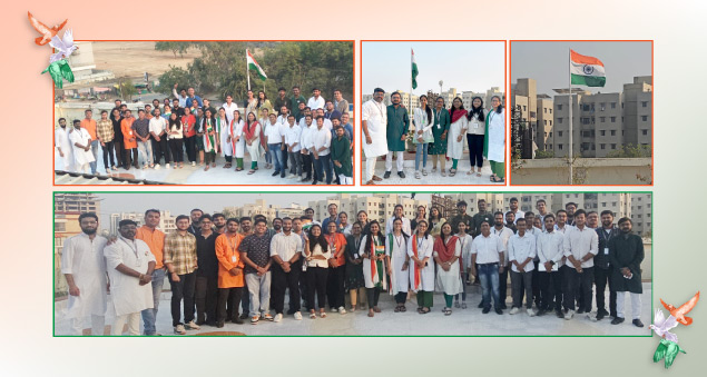 Team members in traditional attire celebrating Republic Day with flags and cultural activities