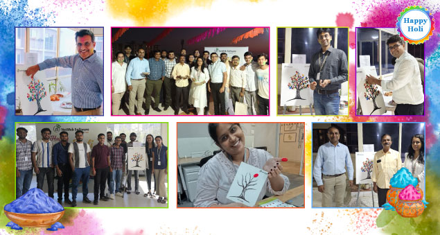 Team celebrating Holi 2025 with vibrant colors and festive spirit