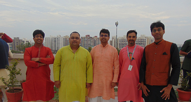 employees enjoying festive diwali celebration with decor and lights