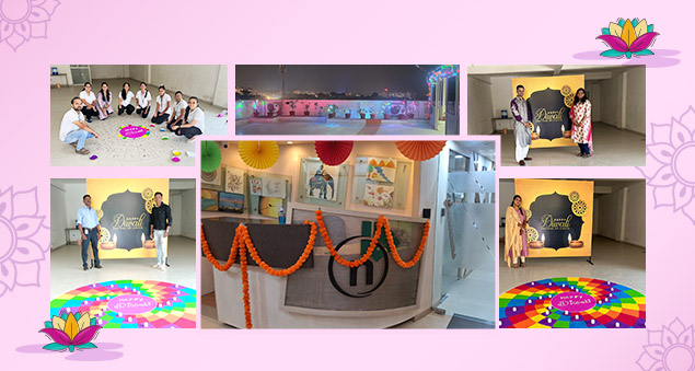 team celebrating diwali 2023 with traditional attire and lights