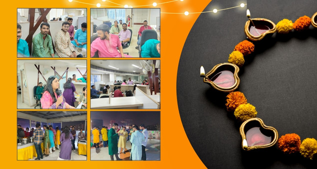 Team celebrating Diwali 2024 with festive decor lights and moments of togetherness