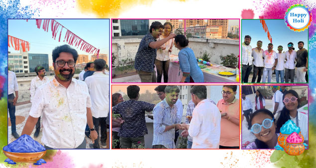 Team celebrating Holi 2025 with vibrant colors and festive spirit