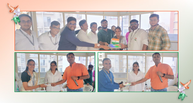 Team members in traditional attire celebrating Republic Day with flags and cultural activities